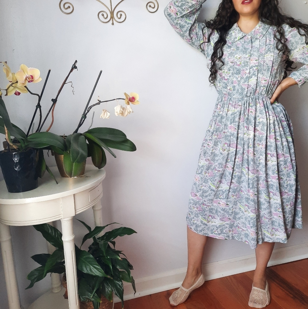 Vintage 80s does 40's novelty print dresse